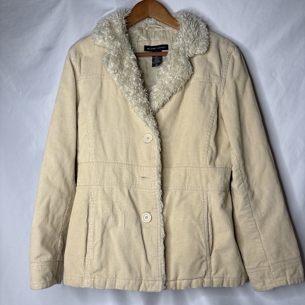 Vtg Y2K New York & Company Woman's‎ L Corduroy Jacket Faux Fur Collar Cream Read
